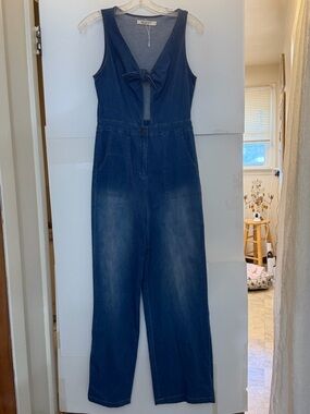 Denim Tie-Front Sleeveless Jumpsuit by MEBON